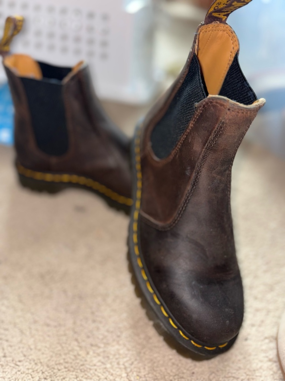 Dr. Martens Brown Leather Chelsea Ankle Boots with Yellow Stitching
